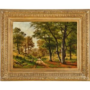 Children Resting On A Forest Path By Fritz Ebel (german, 1835-1895, Düsseldorf)