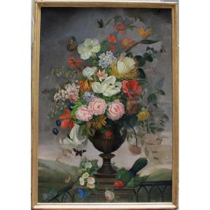 Large  Classical Still Life With Flowers, Butterflies, Hummingbird, Parrot, Early 19th Century