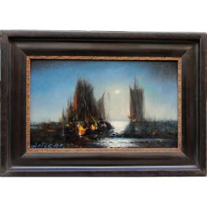 Sailing Ships In The Moonlight By Wladimir Evgenievich Zebek (ukrainian, 1931 - 2015)