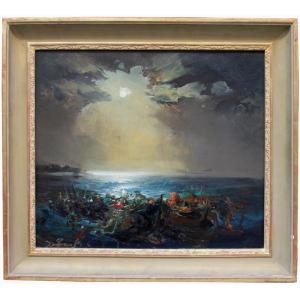 Fishing Boats At The Sea Coast  In Moonlight By Wladimir Zebek (ukrainian, 1931 - 2015)