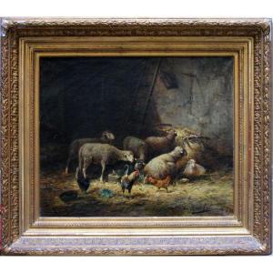 Sheep And Chickens In A Barn By Charles Maréchal (1865 - Circa 1931)