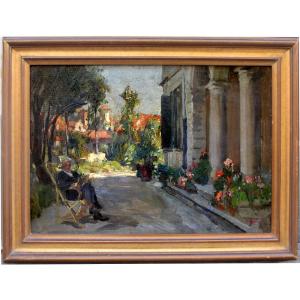 In The Garden Of A Villa By Lidio Ajmone (italian, 1884 - 1945)