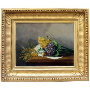 Still Life With Mimosas, Daffodils And Violets By Marie De Grelle (belgian, Listed, 19th Century)