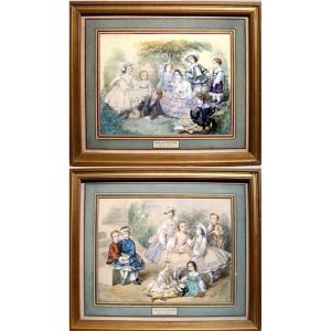Pair Of Watercolors Osecond Empire Style “children's Games" By Héloïse Leloir-colin (1820-1873)