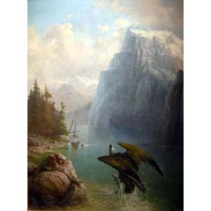 Eagle-hunter Over The Mountain Lake By Friedrich Voltz (german 1817-1886)