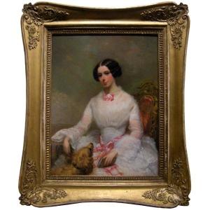 French Portrait Painter, Circa 1840. Portrait Of A Young Woman With Her Favorite Dog.