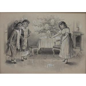 Original Drawing Of A Christmas Postcard By Josef Kraenzle (austrian 1874-1937)