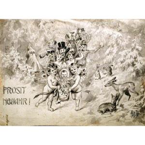 Original Watercolour Of A New Year's Postcard By Eduard Luttich Von Luttichheim (1844-1920)