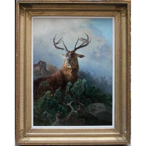Monumental Hunting Painting “the Monarch Of The Glen” By Anton Schrödl (austrian 1823-1906)