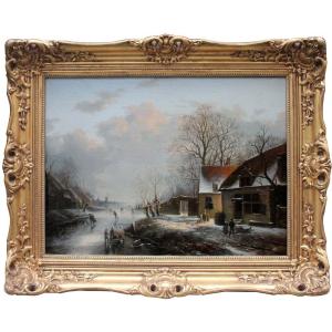 Village With  Skaters On Frozen Canal By Alexander Joseph Daiwaille (netherlands, 1818 - 1888)