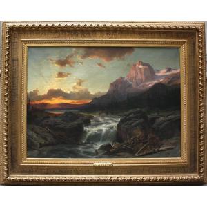 Monumental Painting "landscape At Sunset" By Albert Zimmermann (1808-1888)
