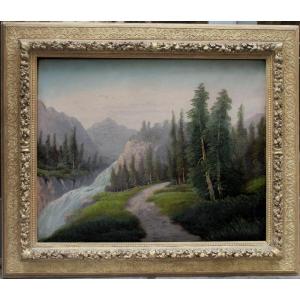 Austria, 19th Century Mountain Landscape With A Waterfall.