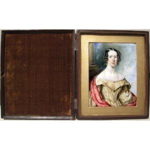 Portrait Of A Young Woman, English Miniature On Ivory, In A Leather Case, Mid-19th Century