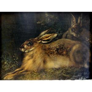 Hares In The Forest By August Schleich (german, 1814-1865)