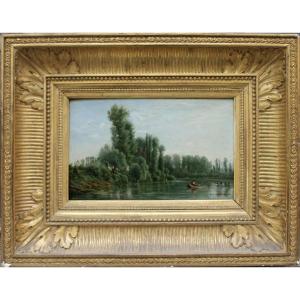 Georges Laujoil De La Fage ( French 1830 - 1858)  Idyllic Landscape With Fishermen On The River