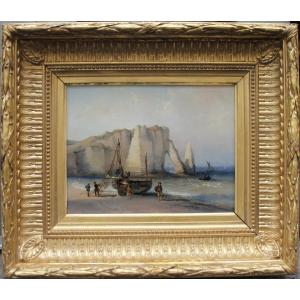 Coastal Scene At étretat Cliff In Normandy, French School, Circa 1840