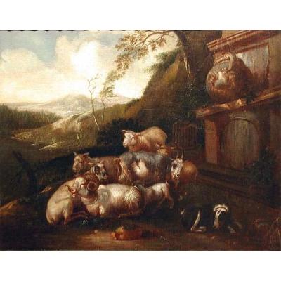 Sheeps With Aa Dog By  Antique Well By Philipp Peter Roos / Rosa Da Tivoli ( 1657-1706)-attributed
