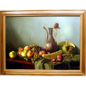 Still Life With Cooper Wine Jug And Fruits By A. Chuntomov (mid 20th Century)