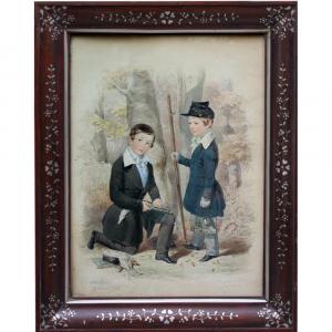 Johann B. Clarot (1798 Vienne - 1855 Pest) Two Boys On The The Capture Of Singing Birds