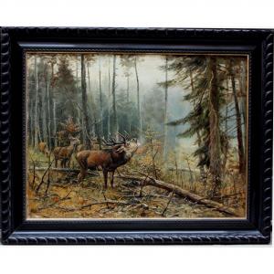 Roaring Deer With Family In The Glade By Wilhelm Lorenz (german, 1901 - Cologne - 1981)