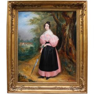 Young Beauty In The Landscape  By Aimé Henri Edmond Sewrin-bassompierre (1809-1896)