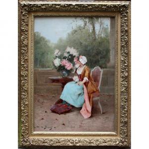 Garden Scene By Henri De Breval (french, Late 19th Century)