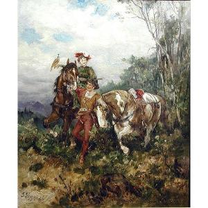Couple Of Lovers On Falconry By Gustav Eggena (born 1850)