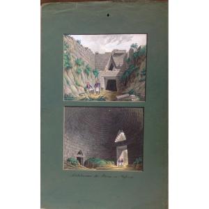 4 Sheets Of Paper With Different Watercolors From Greece, German Artist, Early 19th Century.