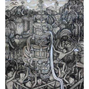 Traditional Balinese Painting "festival In Batuan", Circa 1930, Signed