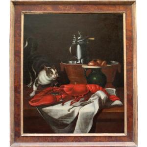 Dutch, 17th Century, Kitchen Still Life With A Cat, A Dead Mouse On A Lobster