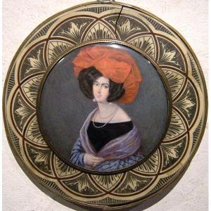 Fanny Romanini (1777-1839) "young Woman In A Red Cap", Miniature On Ivory