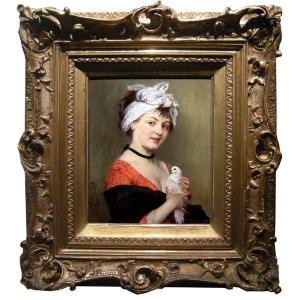 Young Beauty With Pigeon By Johann Caspar Herterich (1843 - 1905)