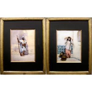 Une Paire d'Aquarelles Orientalists par Jeanne Bordes-Guyon (Paris, Décédée en 1903) 