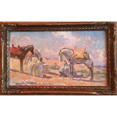 Maurice Romberg De Vaucorbeil (1861 / 62-1943) Rest Of The Arab Horsemen Oil On Panel S