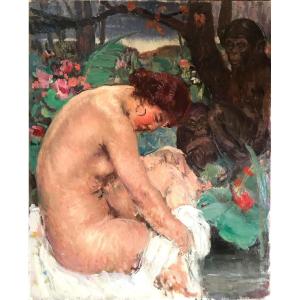 Painting, Young Naked Woman Surrounded By Monkeys, Att. In Bilul? XX Th