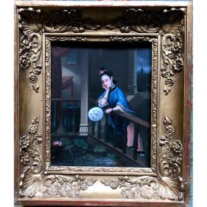 Painting, Young Asian In Water Lilies Basin, Oil Early XIX