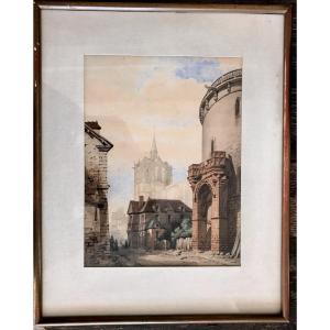 Painting, Watercolor View Of A Street Lively With Characters, End Of The 19th Century