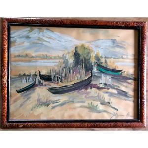 Painting, Boats At The Water's Edge, Watercolor And Gouache, 20th Century