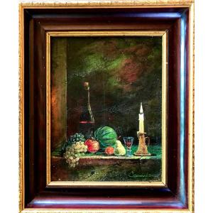 Painting, Still Life With Watermelon, Hst, Signed By Georges Caramadre From October 1979.