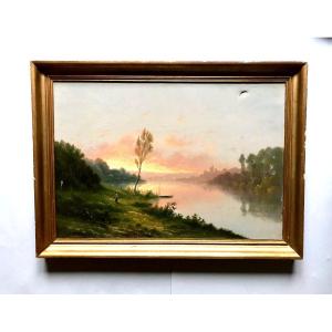 Painting, Barbizon Landscape, Peasant Woman Walking At Dusk, By Charles Antoine Lenglet