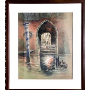 Painting, View Of Lively Venice, Watercolor Dated 1914 And Signed By M Chapsal