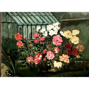 Painting, Flowers In Front Of The Greenhouse, Oil On Canvas Signed By Paule Délaine (1920-1986)
