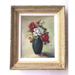 Painting, Flowers In A Vase, Signed By Bonvalot, Oil On Canvas