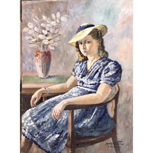 Painting, Portrait Of A Young Woman With A Straw Hat, Signed By A Winter And Dated 1942