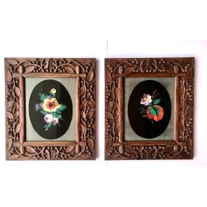 Pair Of Paintings, Flowers Painted In Gouache, Carved Wooden Frame, Swiss Work? 19th Century 