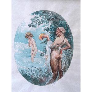 Painting, The Satyr, Erotic Watercolor, Early 20th Century
