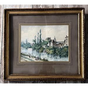 Painting. The Washerwomen, Watercolor From 1872, Signed