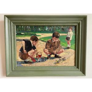 Painting, Children Playing In The Sand, Attributed To Christian Caillotin, Early 20th Century