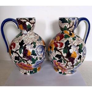 Pair Of Antique Gien Earthenware Water Jugs With Flowers