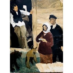 Painting , The Discussion In Front Of The House, Hsc Circa 1940/50